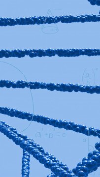 Vertical video: Slow zoom starting camera pan, beaded blue cords shifting and showing math sketches