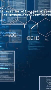 Vertical video: Navy fading starting code frames and molecule rings sliding aligning to focus data