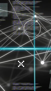Vertical video: Cyan line popping, starting node web, nodes pulsing, code scrolling, revealing hub