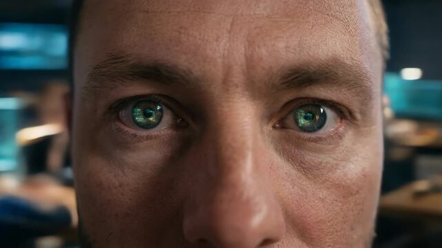 Snorricam Extreme Face Closeup &mdash; Obsessed Trader Locked In, Moving Through Office With Tunnel Vision Intensity