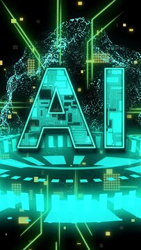 Vertical video: Ring expanding, sparking AI letters growing and pulsing, dots making logo for demo