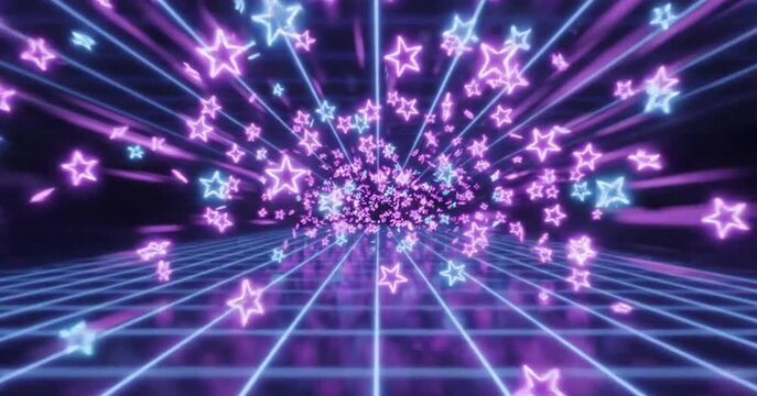 Retro 80s Synthwave Background with Flying Neon Stars and Blue Glowing Grid. Futuristic Motion Graphics VJ Loop for Music Events