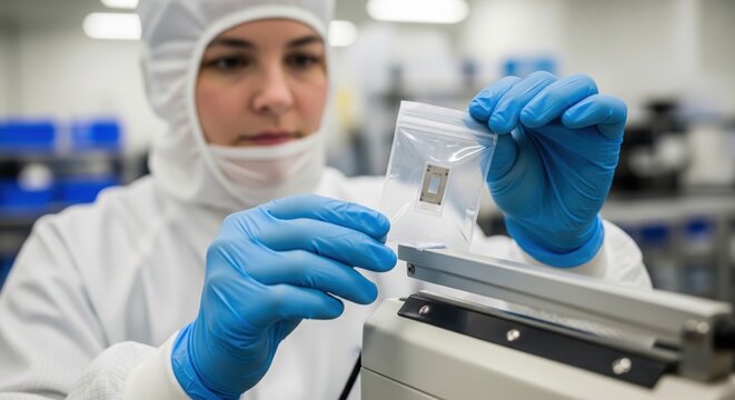Cleanroom technician sealing tested sample in compliance pouch shows traceable quality handling, regulated workflow and controlled manufacturing assurance today.