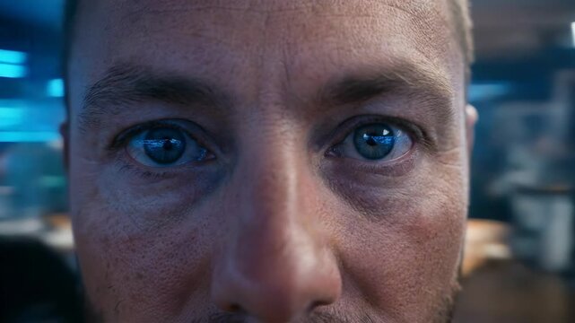 Snorricam Extreme Face Closeup &mdash; Obsessed Trader Locked In, Moving Through Office With Tunnel Vision Intensity