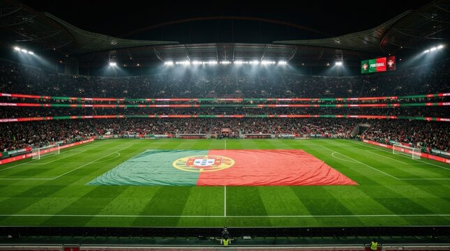 Bright stadium filled with eager fans. Portugal. Excitement fills air as players and supporters anticipate match