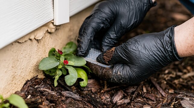 Person in black nitrile gloves installing a discreet pest monitoring trap near a residential foundation for insect control, bug treatment and home perimeter service