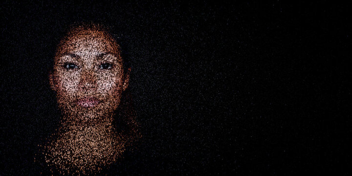 Digital ID Portrait of Pacific Islander Woman with Face made up of Computer code. Behavioral biometrics Concept with copy-space.