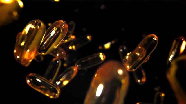 Glowing amber softgels floating in darkness, luxury supplement Filmed on a high-speed camera at 1000 fps.