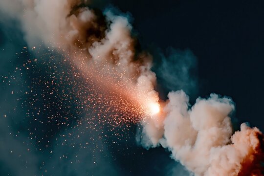 Swirling clouds of thick white smoke drifting through a dark indigo sky with golden sparkles for atmospheric backgrounds, cinematic visual effects and creative design