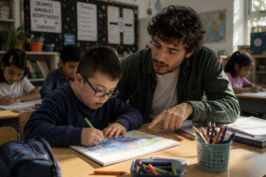 Teacher helping boy with Down syndrome during classroom activity