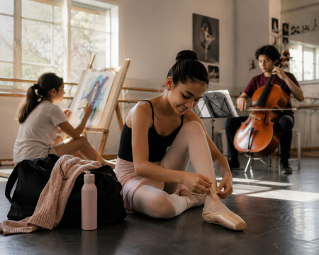 Young dancer preparing for dance class with art and music classmates