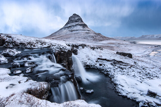 Snow Covered Kirkjufell & Kirkjufellsfoss on Snaefellsnes Peninsula