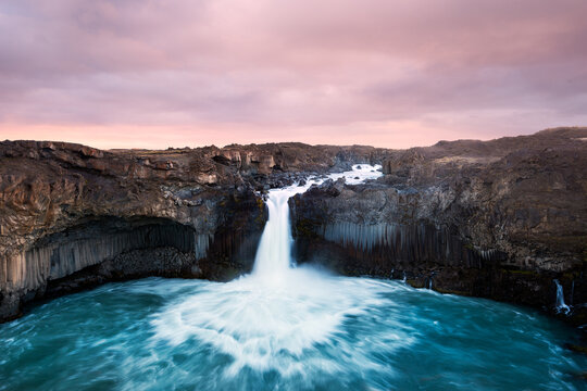 Morning sunrise over stormy Aldeyjarfoss Iceland