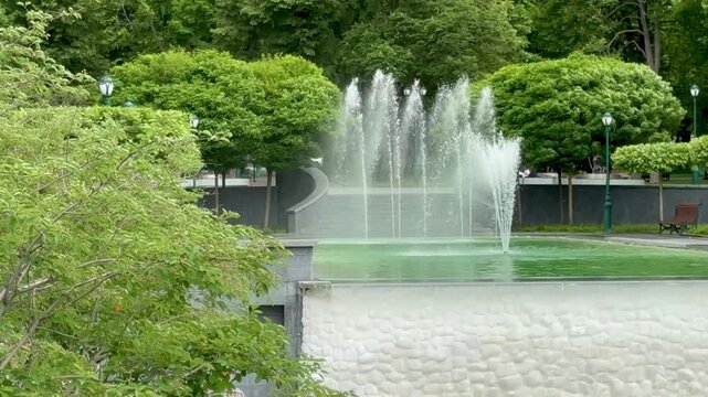 Beautiful landscaping by the fountain in the park