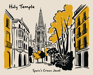 Naklejka premium Holy Temple Spain Crown Jewel, Gothic Cathedral, Spanish City Street, Travel Poster, Line Art Illustration, Vintage Architecture Art