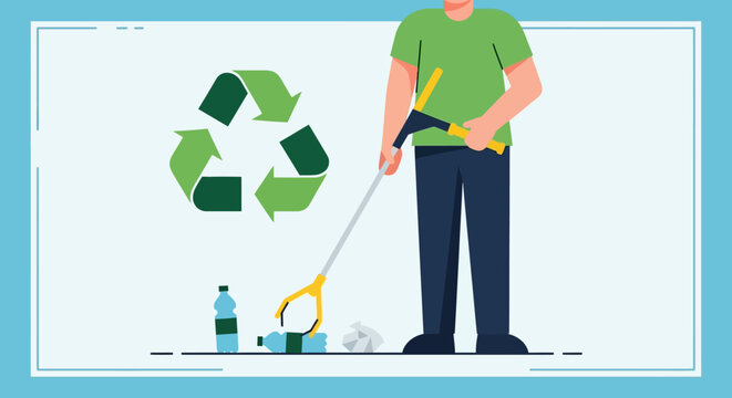 Man picking up trash with grabber.