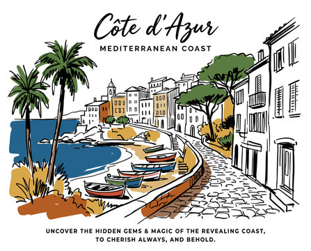Cote d'Azur, Mediterranean coast, French Riviera, travel illustration, vintage sketch, seaside town, palm trees, beach boats, art print