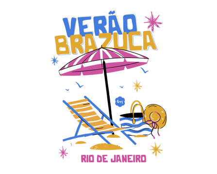 Verao Brazuca, Rio de Janeiro, Brazil summer, beach umbrella, sun chair, straw hat, vacation, tropical travel poster, apparel print, sand
