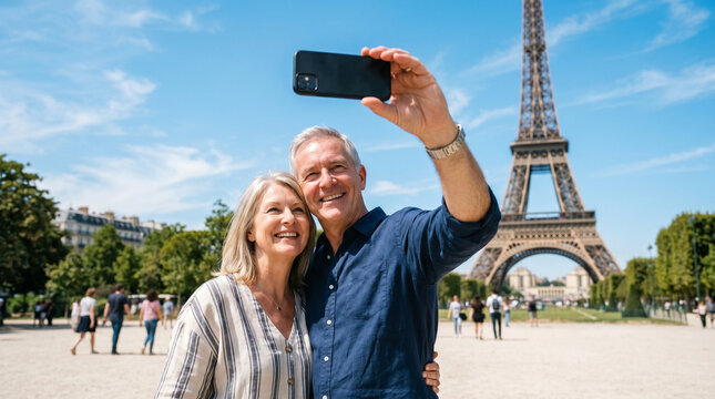 Elderly couple taking selfie together in front of the Eiffel Tower  