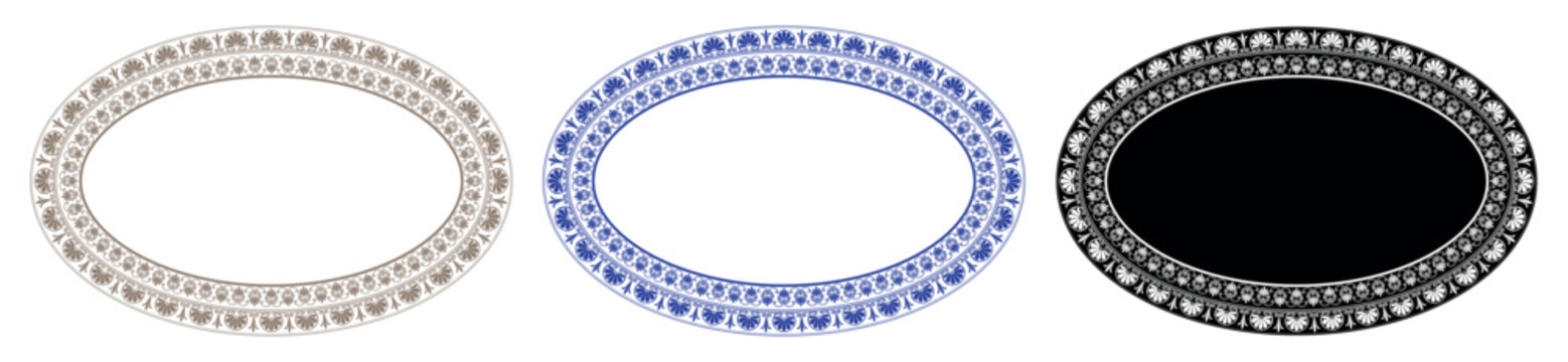 
Set oval plate with floral design. Patterns of Greece, ancient Rome. Oval floral european pattern frame arabesque. Vintage ethnic frame with greek pattern. Pattern frame for oval surface, textile