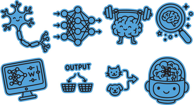 Set of cute blue hand drawn icons illustrating artificial intelligence and machine learning concepts with artificial intelligence learning technology illustration computer development