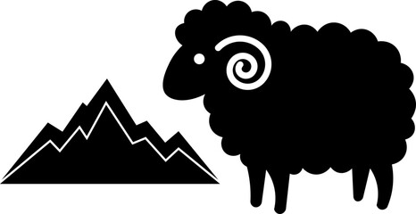 A black silhouette of a sheep with a fluffy wool coat and a distinct eye shape vector icon, black silhouette of a mountain , isolated on white background © Md.Nazmul Haque