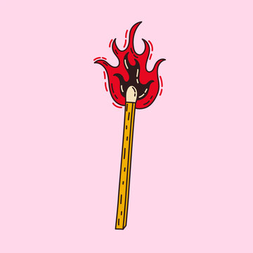Hand-drawn funky illustration wooden matchstick on fire. Cartoon comic drawing of burning match. Contemporary art accessory element. Vector graphic