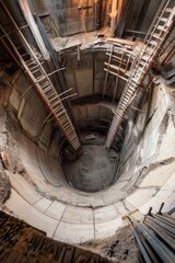 Fototapeta premium Construction site shows deep excavation with ladders leading down into the pit in a building project located in an urban area during the day