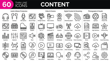 Content line icons set. Audio and Video line icons set. Media outline icons collection. Music, camera, microphone, webcam, earphones, cinema, television - stock vector. © Ringgoku
