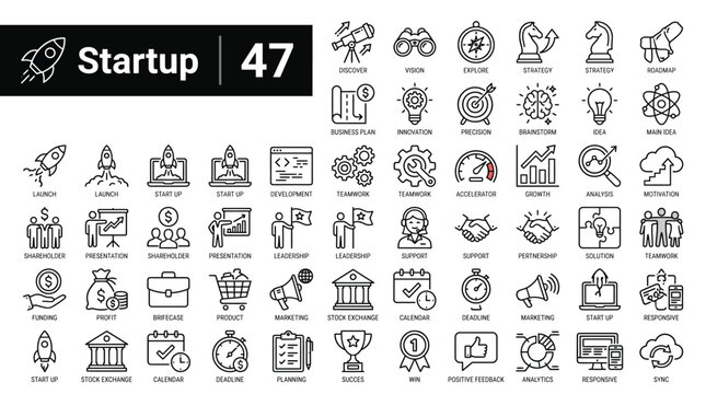 Startup line icons set. Starting business symbols outline 47 icons collection. Launch, project, development, investment, innovation - stock vector.