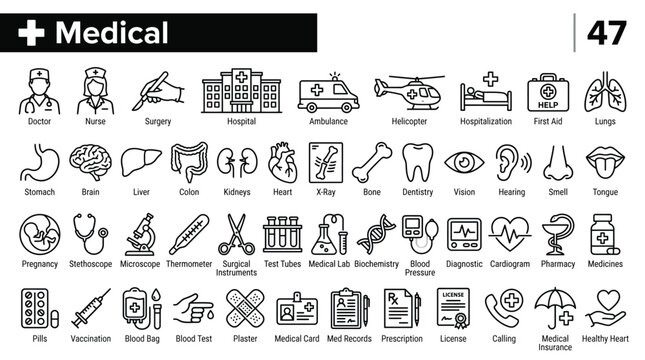 Medecine line icons set. Medical and Health outline 47 icons collection. Doctor, medical card, diagnostic, pharmacy, ambulance, internal organs, sense organs, cardiogram - stock vector.