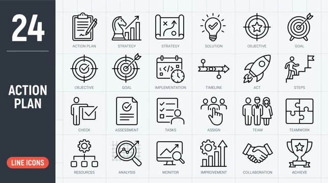 Action plan thin line icon set. Goal, strategy, plan and case monitoring. Assessment, timeline, solution, analysis, implementation, check - stock vector.