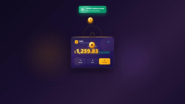 Digital wallet premium account showing cashback earned notification with gold coin animation and balance increase
