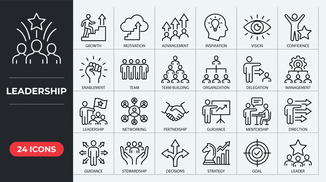 Leadership line icon set. Editable Stroke. Leader, team, direction, confidence, vision - stock vector.