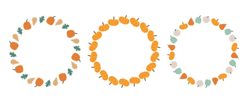 Vector autumn circle frames. Hand drawn wreath collection with colorful pumpkins and fall leaves.