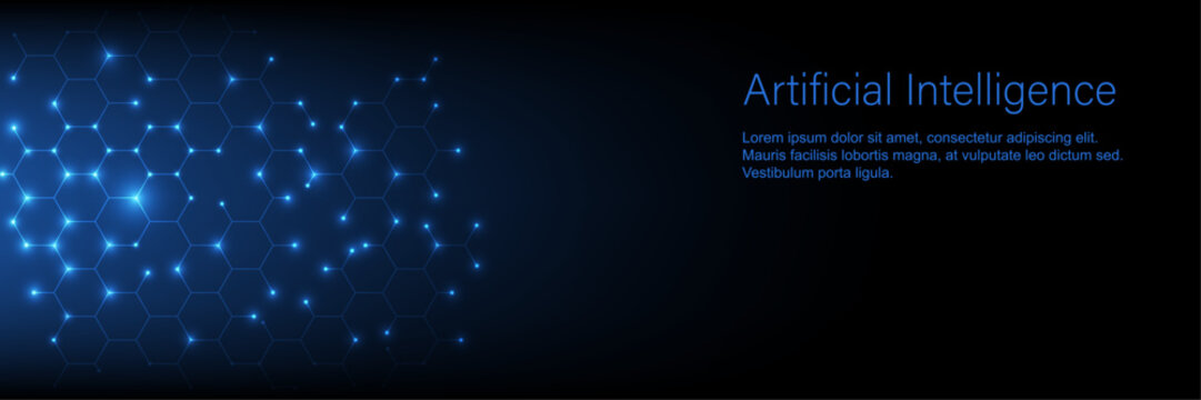 Artificial Intelligence banner with blue hexagon network and glowing nodes. Abstract technology background for AI machine learning, big data, cyber security, and future digital innovation