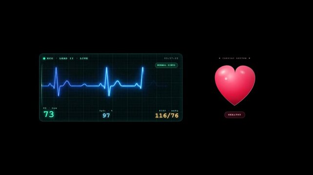 Cardiac rhythm monitor with glowing pink heart displaying healthy vital signs and ECG waveform animation