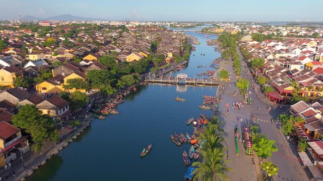 Aerial panoramic view of Hoi An city, Da Nang province, Vietnam. Panoramic footage of Hoian ancient town, UNESCO world heritage. One of the most travel popular touristic destinations 