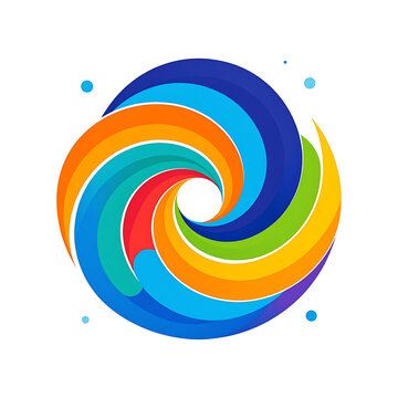 Colorful swirling vortex abstract shape with rainbow gradient and blue dots, dynamic motion and energy, clean design