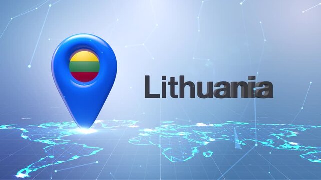 Lithuania Flag Inside Location Pin On Digital World Map Animation