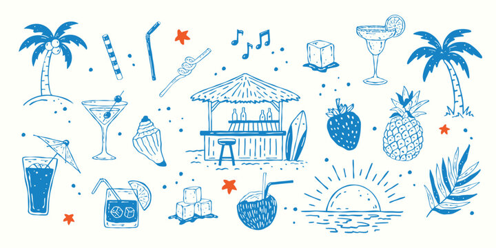 Tropical beach bar hand drawn doodle icons set. Vector summer beach bar elements with cocktails, straws, palm trees, music, ice, sunset, pineapple and strawberry. Beach party and resort vacation set