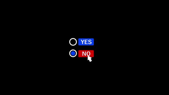 Animated Yes and No button selects with cursor click on black background. Yes and No decision making buttons. Choosing Yes and No button click animation. Mouse cursor comes in and selects yes no
