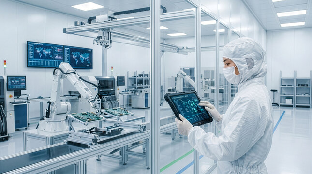 スマートファクトリーのクリーンルームでタブレットを使いロボットアームを管理する防塵服の女性スタッフ