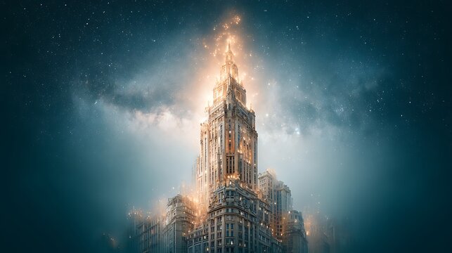 stock photograph of a grand classical observatory tower rising majestically into a star-saturated midnight sky, the full vertical height of the structure prominently displayed, apex of the building 