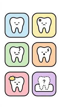 Set of cute cartoon teeth icons showing different dental conditions and oral health problems