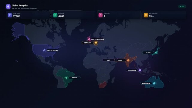 Global analytics dashboard with real time world map visualization showing live user activity across multiple countries