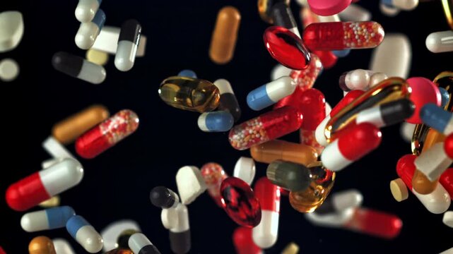 Assorted capsules and softgels floating against black, cinematic Filmed on a high-speed camera at 1000 fps.