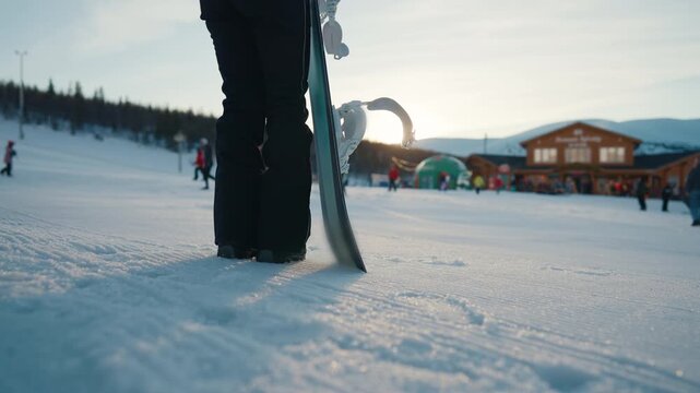 Beginner snowboarder in ski resort, closeup view of legs on snow, active sport. Athletic woman in wear for snowboarding admiring beautiful nature in mountains, first time on slope, breath frozen air