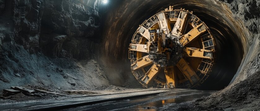 Large tunnel boring machine works on construction project in underground location during daytime hours