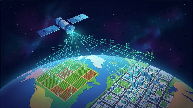 宇宙の人工衛星から地球の都市や農地へデータを送信するリモートセンシングのコンセプトイラスト
